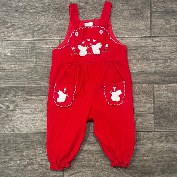 Vintage red corduroy embroidered bunny baby Overalls - Picture 1 of 6